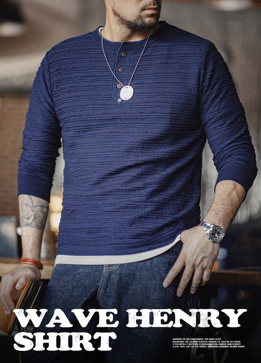 American Retro Jacquard Knitted Denim Henry Shirt Vintage Men's Sweater - Harmony Gallery