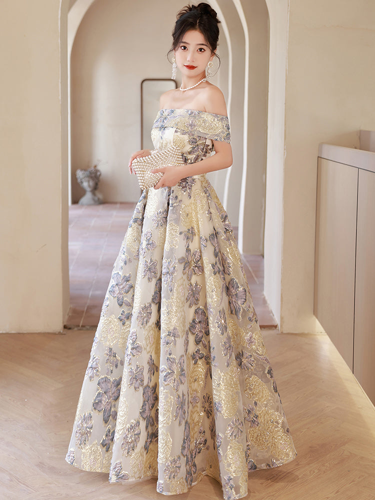 Elegant Off-Shoulder Gold and Blue Floral Embroidered Ball Gown Dress - Harmony Gallery