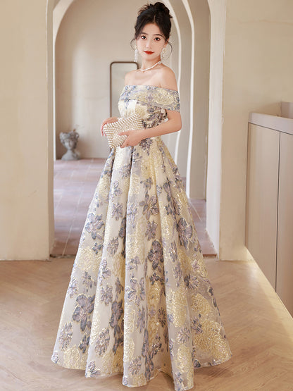 Elegant Off-Shoulder Gold and Blue Floral Embroidered Ball Gown Dress - Harmony Gallery