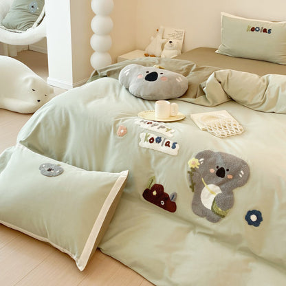 Cartoon Cute Little Koala Brushed Pure Cotton Thickened Four-Piece Bed Set - Harmony Gallery