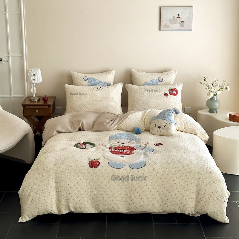 Cartoon Embroidered Breathable Double-Layer Ultra-Soft Four-Piece Bed Set