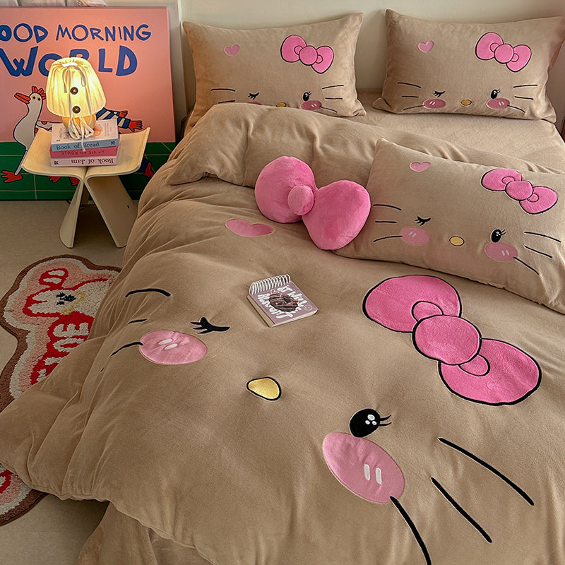 Children's Hello Kitty Little Milk Fleece Cartoon Winter Four-Piece Bed Set - Harmony Gallery