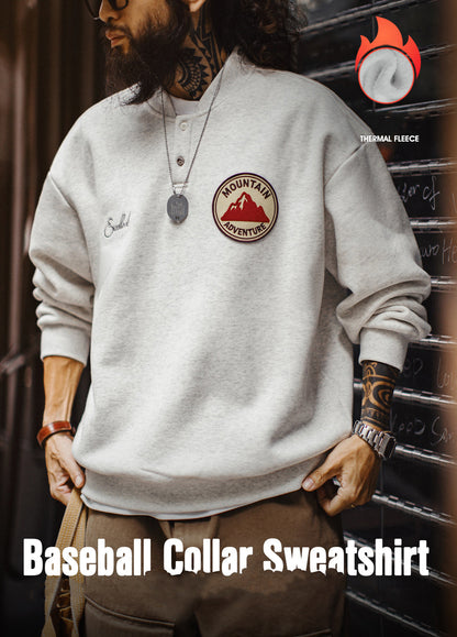 American Henley Collar Fleece-Lined Knitted Patch Embroidered Men's Sweater - Harmony Gallery