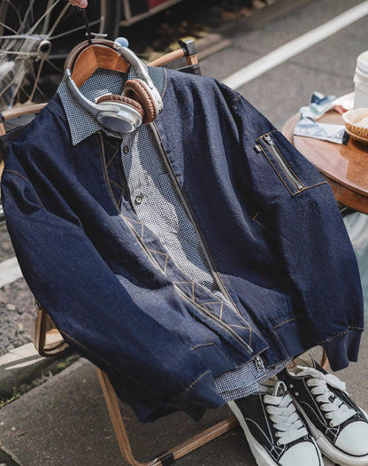 American Retro Denim Washed MA1 Bomber Baseball Men's Jacket - Harmony Gallery
