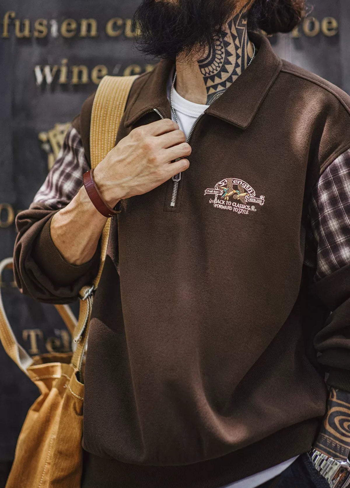American Patchwork Embroidery Half-Open Zipper Hoodless Men's Sweater - Harmony Gallery