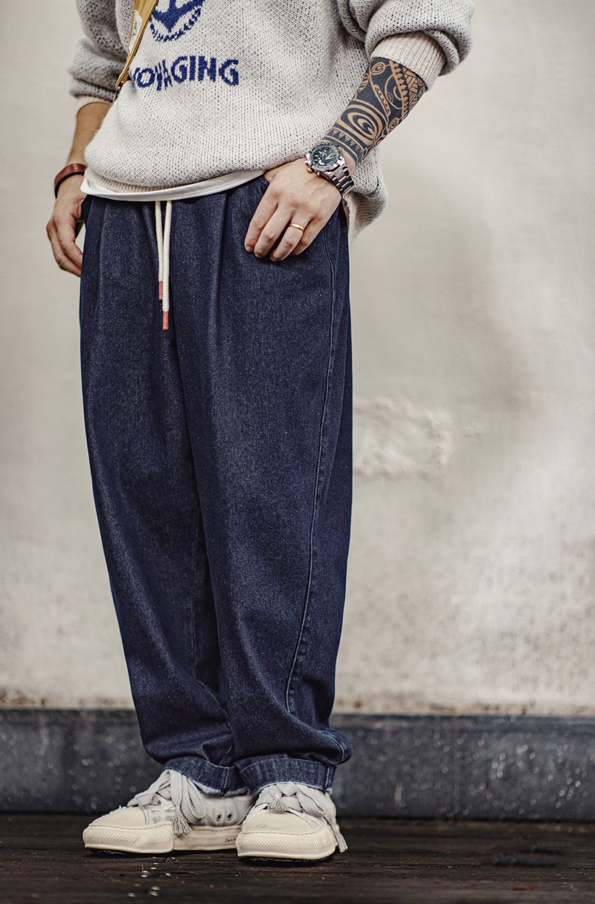 American Jogger Denim With Elastic Waist And Drawstring Washed Men's Jeans - Harmony Gallery