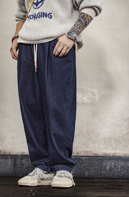 American Jogger Denim With Elastic Waist And Drawstring Washed Men's Jeans - Harmony Gallery