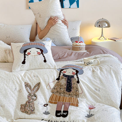 Girl Embroidered Breathable Double-Layer Super Soft Pure Four-Piece Bed Set