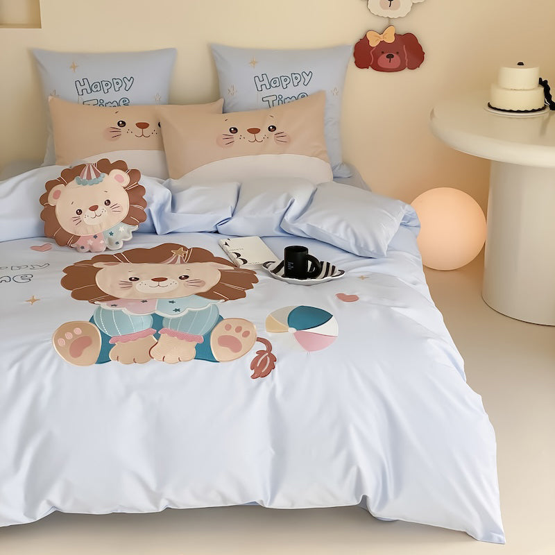 Cartoon Lion Embroidery Pure Cotton Long-Staple Four-Piece Bed Set