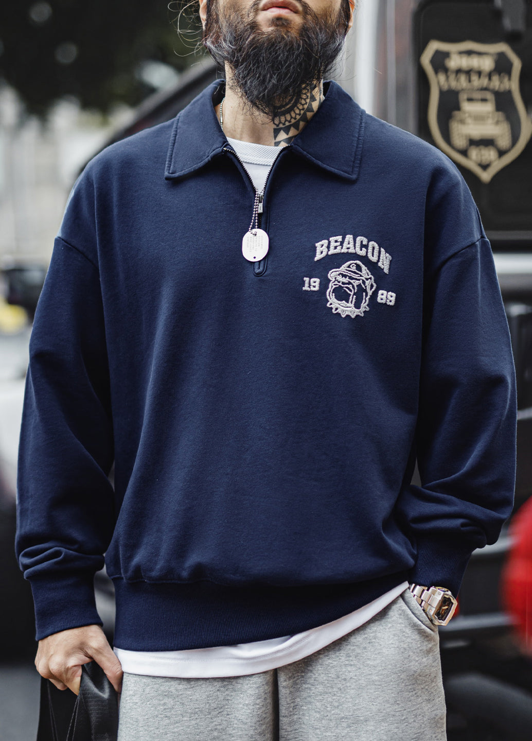 American Retro Three-Dimensional Embroidery Half-Zip Pullover Polo Men's Sweater - Harmony Gallery