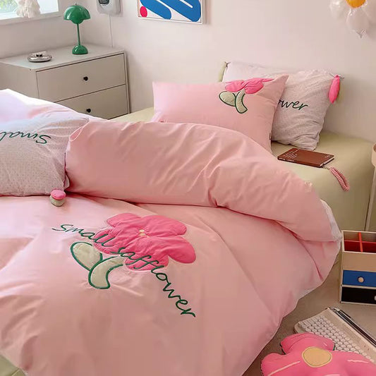 Girly Flower Pink Washed Four-Piece Pure Cotton Super Soft Bed Set - Harmony Gallery
