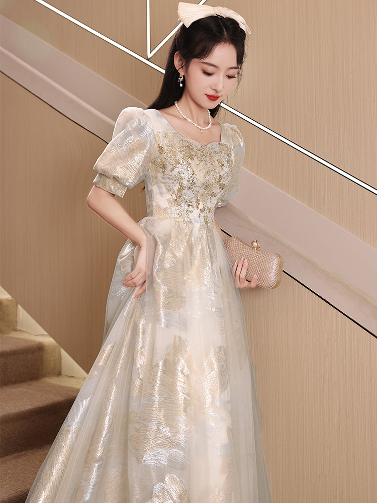 Vintage Gold and Cream Puff Sleeve Ball Gown with Floral Embroidery - Harmony Gallery