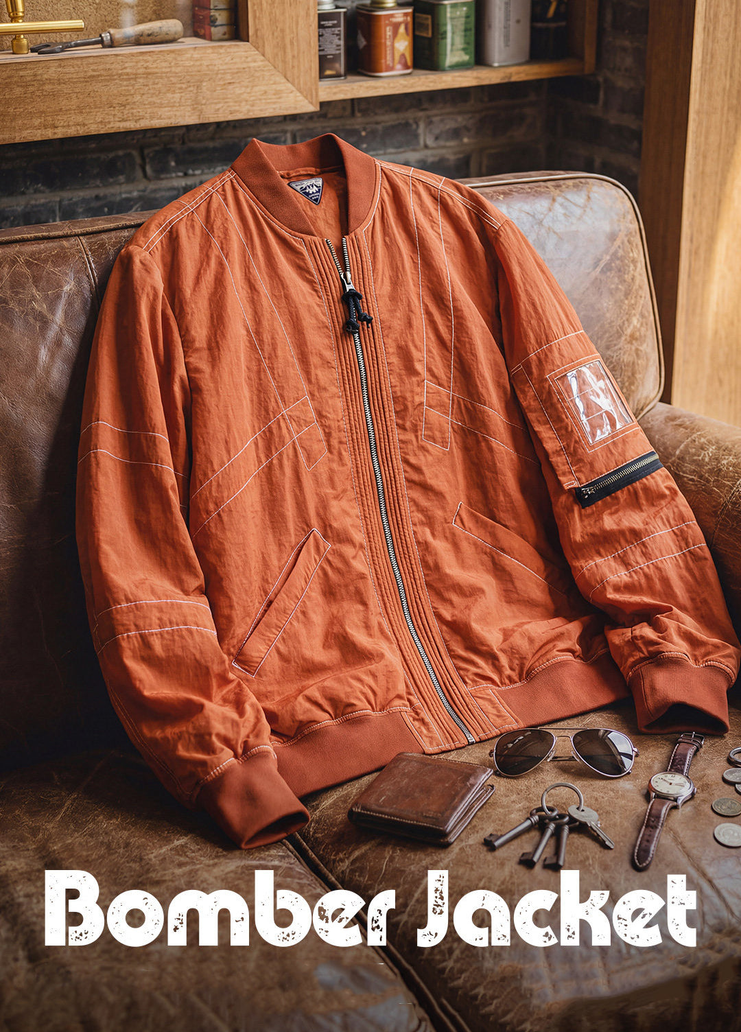 American Bright Line Bomber Pilot Thin Brick Red Baseball Men's Jacket