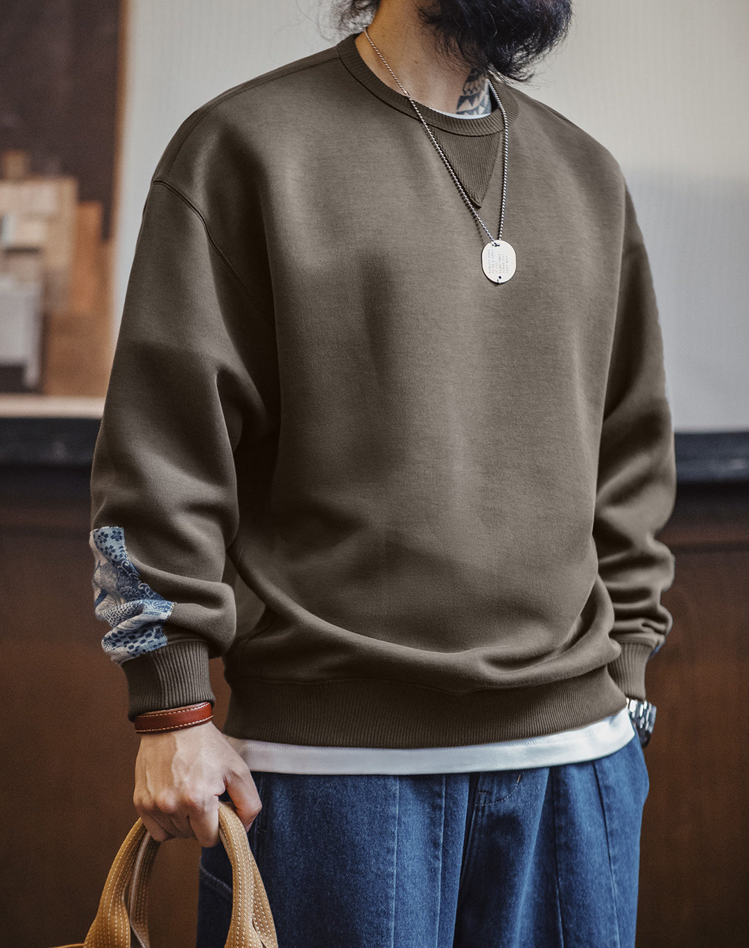 American Retro Patchwork Casual Round Neck Patches Pullover Men's Sweater - Harmony Gallery