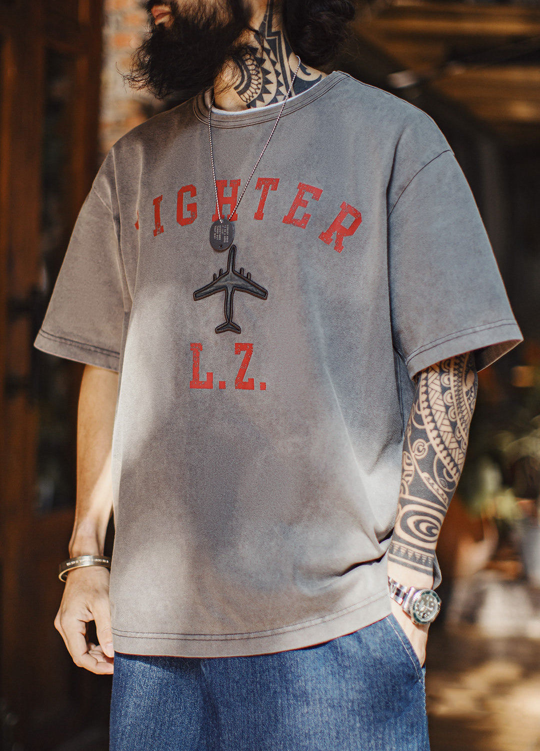 American Retro Heavyweight Embroidered Print Oversized Men's T-Shirt