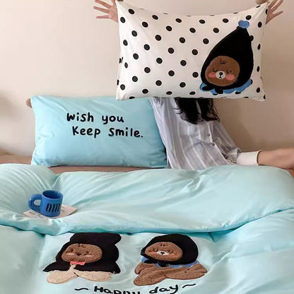 Cute Cartoon Bear Embroidered Washed Four-Piece Cotton Bed Set - Harmony Gallery