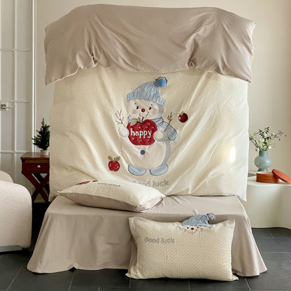 Cartoon Embroidered Breathable Double-Layer Ultra-Soft Four-Piece Bed Set