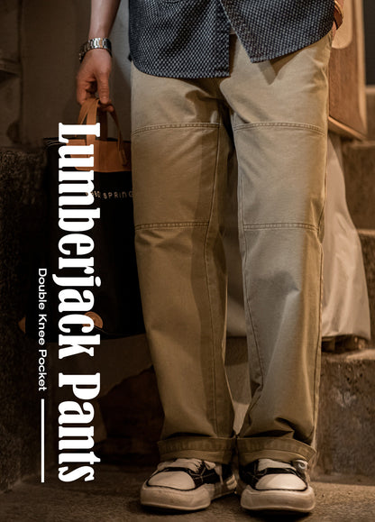 American Retro Double Knee Pocket Lumberjack Cotton Straight Men's Trousers - Harmony Gallery