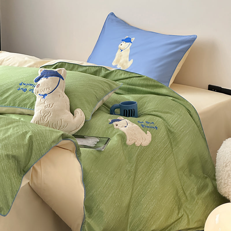 Cartoon Cute Green Puppy Pure Cotton Skin-Friendly Four-Piece Bed Set - Harmony Gallery