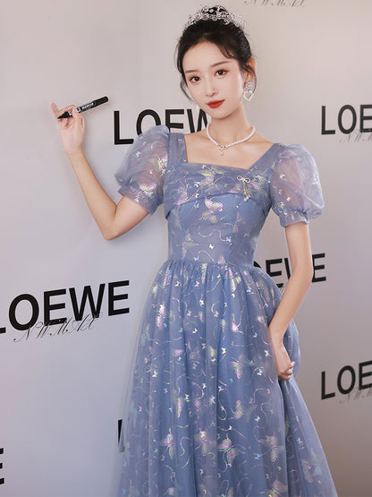 Enchanting Blue Butterfly Embroidered Tulle Evening Gown with Puff Sleeves - Harmony Gallery
