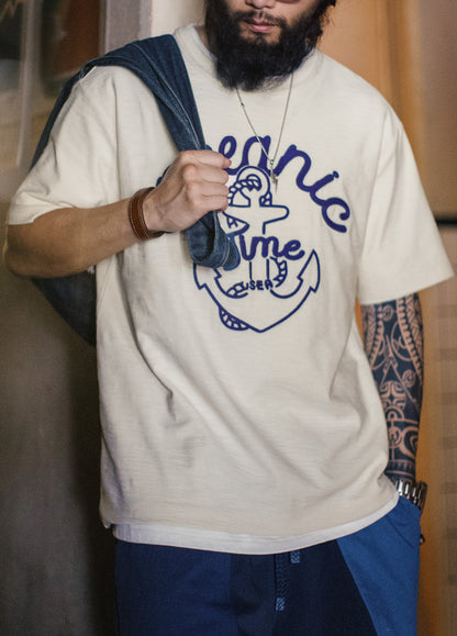 American Retro Navy Embroidered Heavy Bamboo Ribbed Collar Men's T-Shirt - Harmony Gallery
