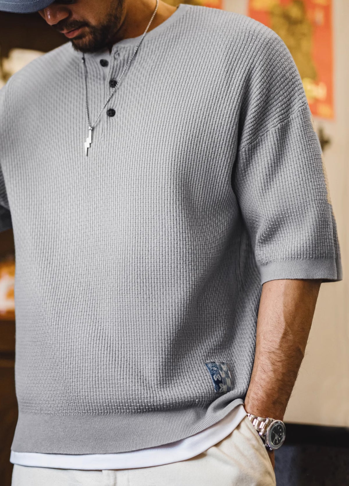 American Bamboo Pattern Henry Drape Knitted Half Sleeves Men's T-Shirt - Harmony Gallery