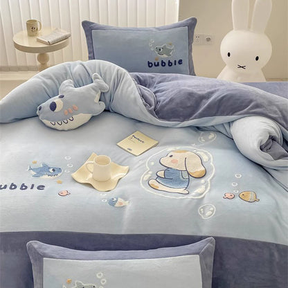 Cute Cartoon Bubble Shark Washed Four-Piece Pure Cotton Bed Set - Harmony Gallery