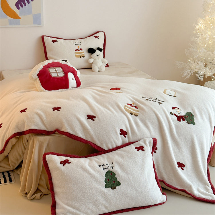 Winter Creamy Cake Snowman Thickened Cashmere Four-Piece Fleece Bed Set - Harmony Gallery