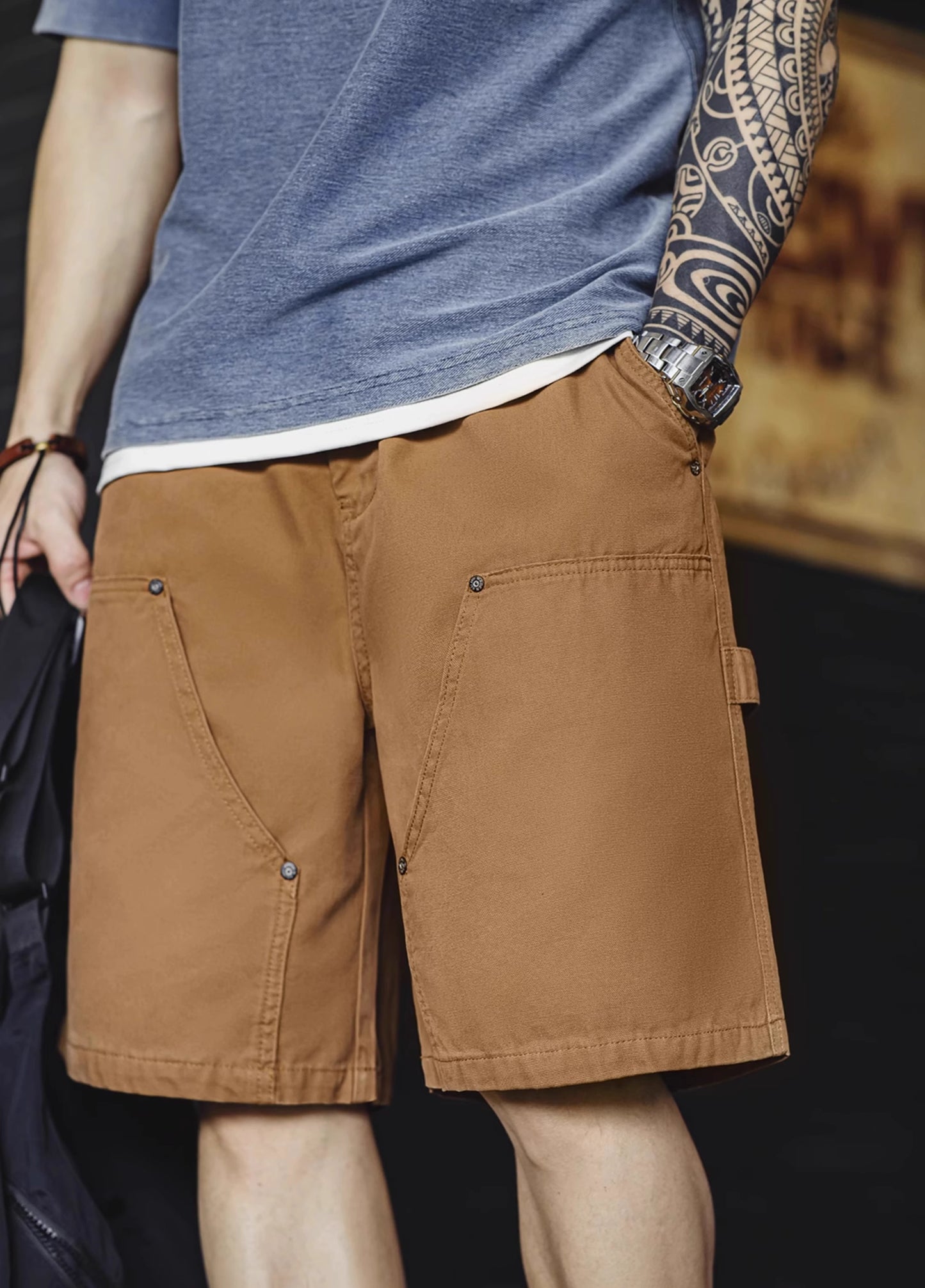 American Retro Double Knee Logging Elastic Waist Straight Men's Shorts - Harmony Gallery