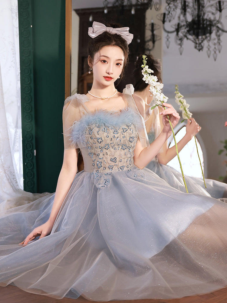 Enchanting Blue and Beige Floral Embroidered Tulle Ball Gown with Feather Trim - Harmony Gallery