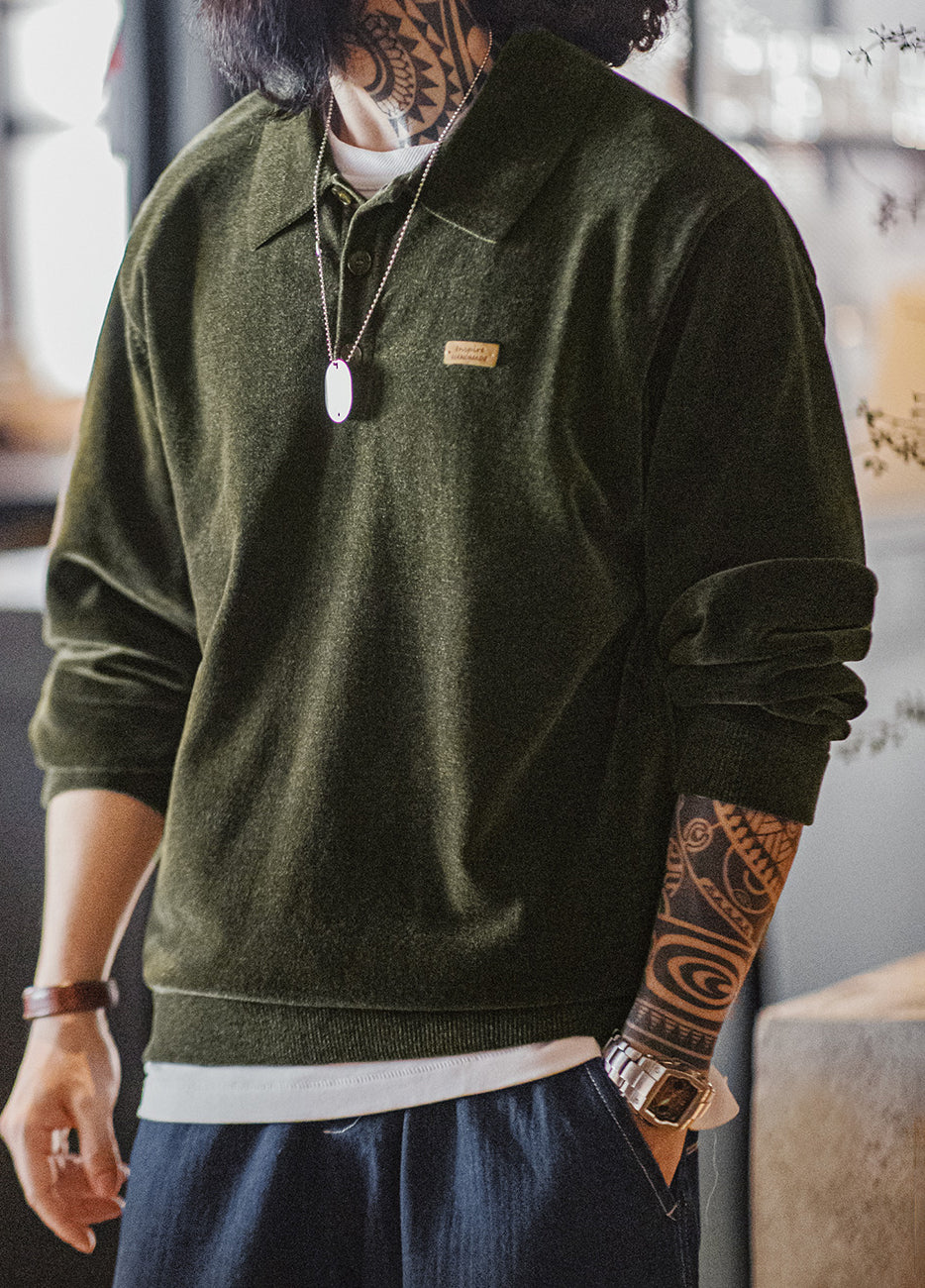 American Retro Chenille Half-Open Polo Loose Lapel Pullover Men's Sweater - Harmony Gallery