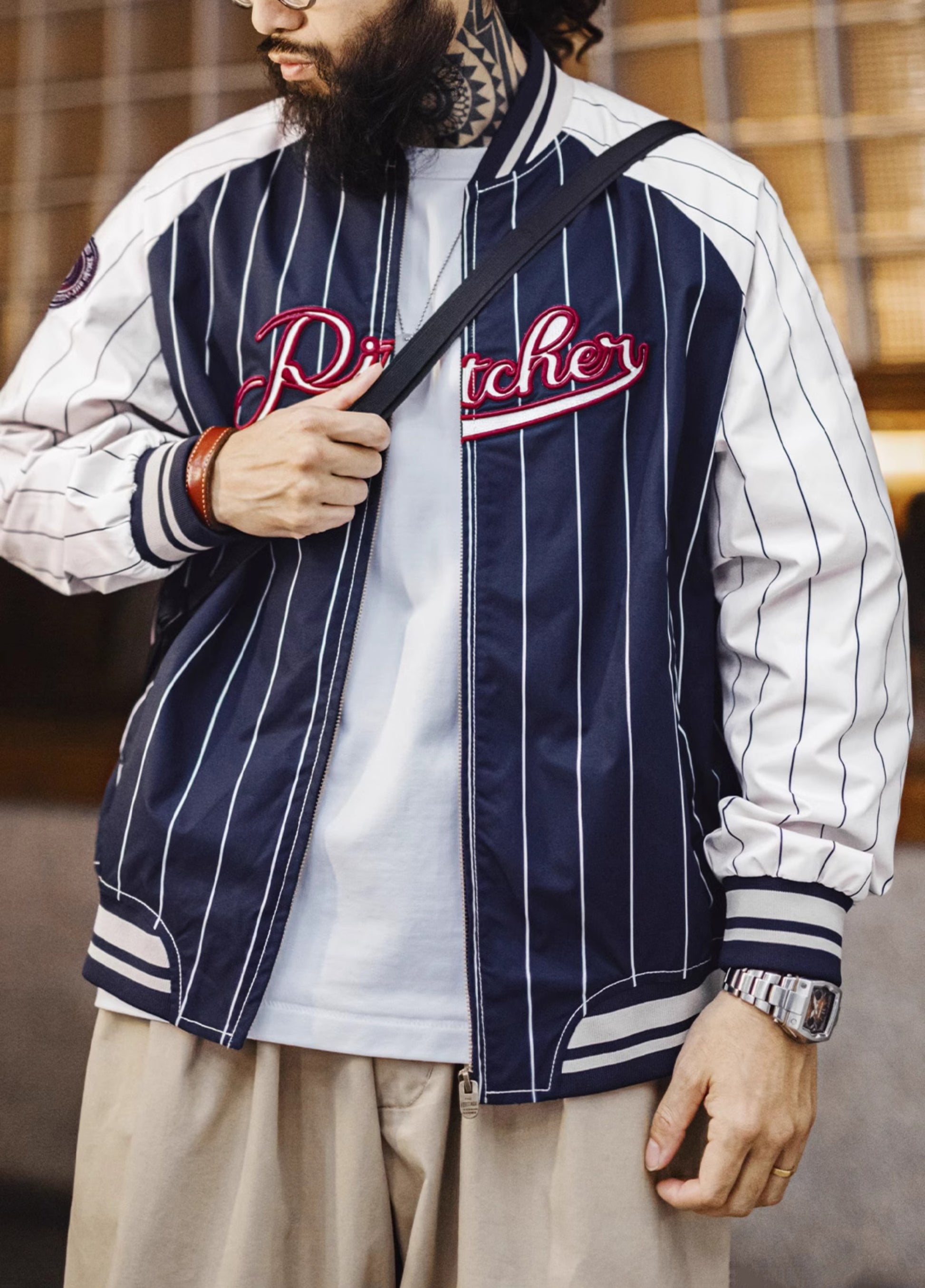 American Retro Striped Baseball Letter Embroidery Contrast Color Men's Jacket - Harmony Gallery