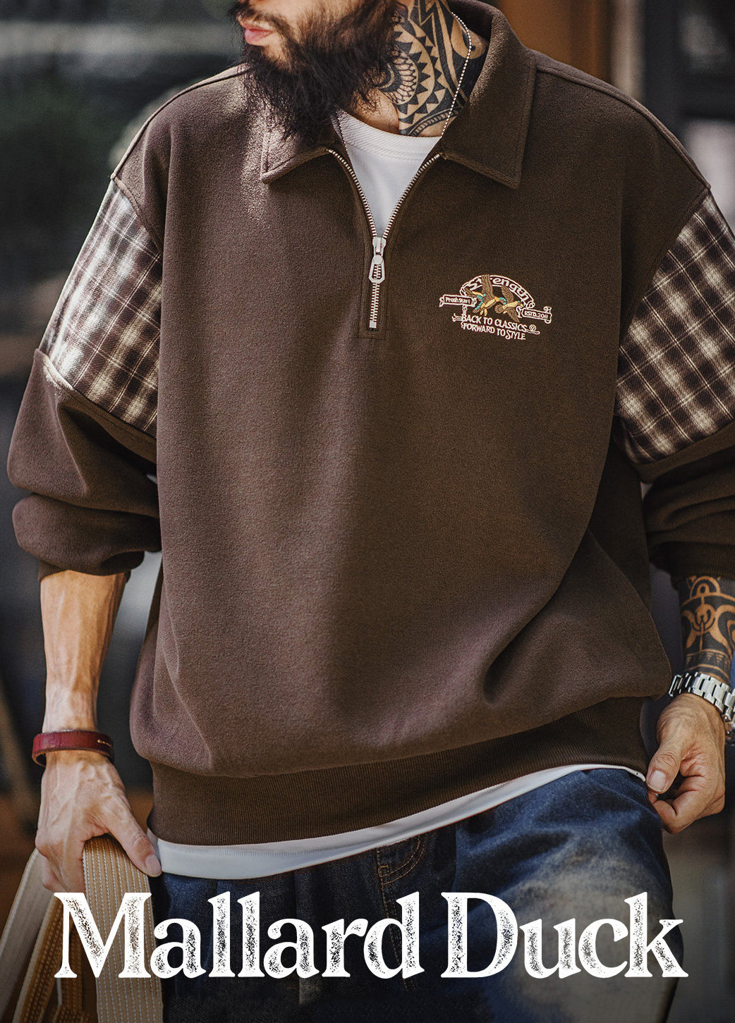 American Patchwork Embroidery Half-Open Zipper Hoodless Men's Sweater - Harmony Gallery