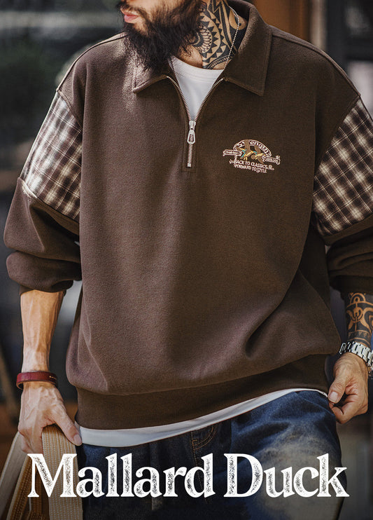 American Patchwork Embroidery Half-Open Zipper Hoodless Men's Sweater - Harmony Gallery