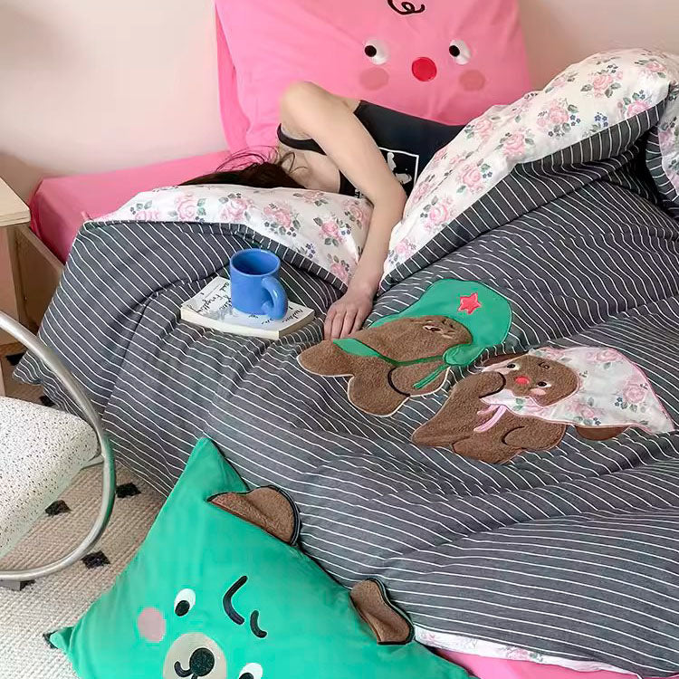 Cute Cartoon Creative Contrasting Color Washed Four-Piece Cotton Bed Set - Harmony Gallery
