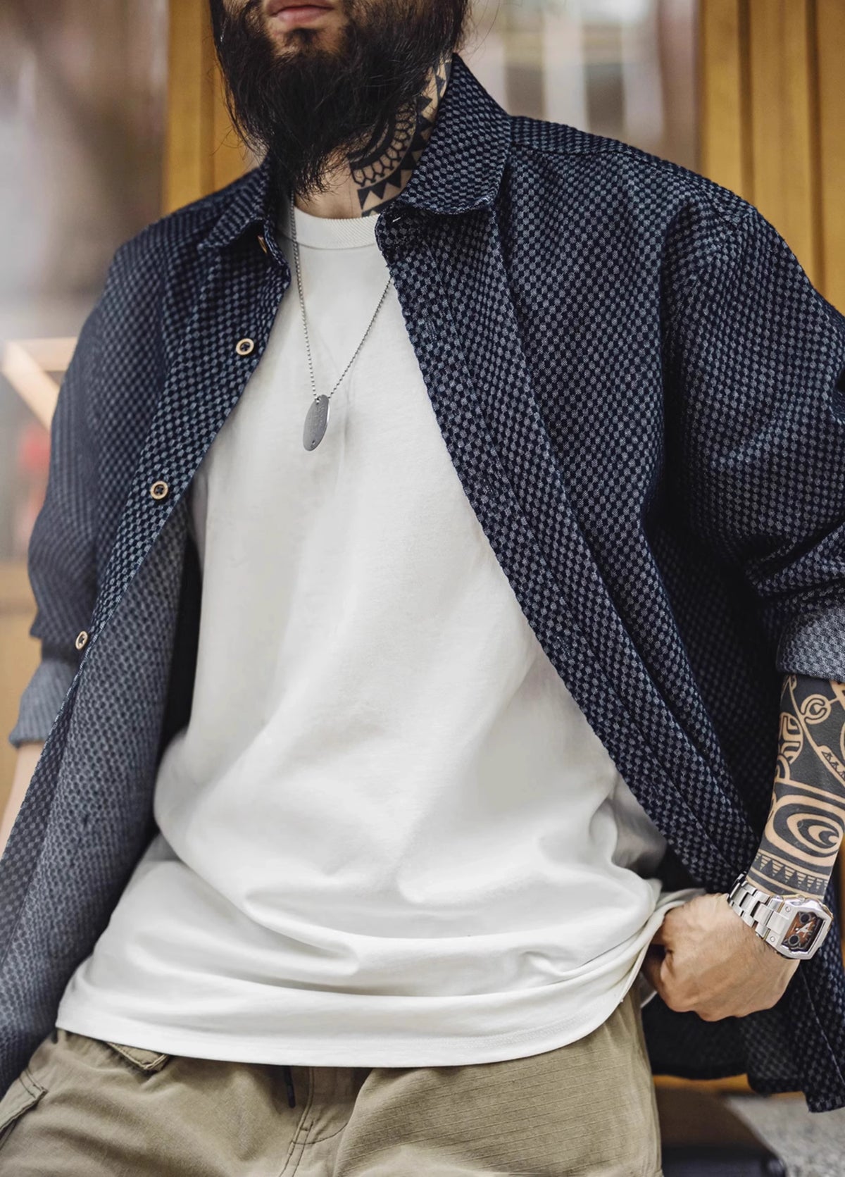American Retro Checkerboard Plaid Denim Lapel Long-Sleeved Men's Shirt - Harmony Gallery