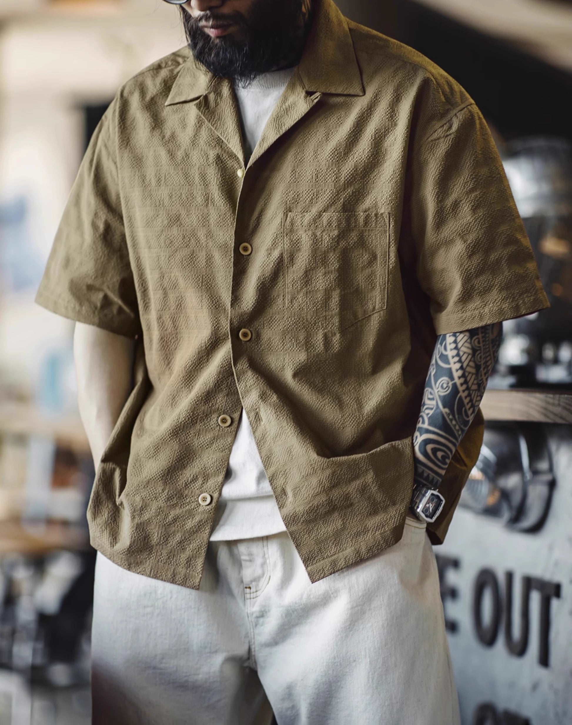American Workwear Pleated Texture Woven Jacquard Men's Shirt - Harmony Gallery