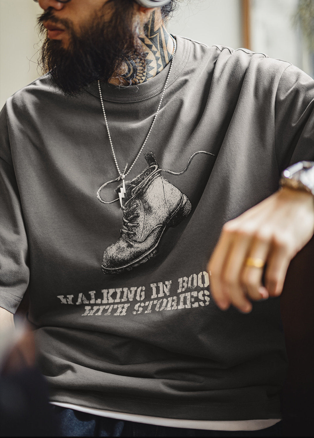 American Retro Print Distressed Loose Gray Brushed Daily Men's T-Shirt