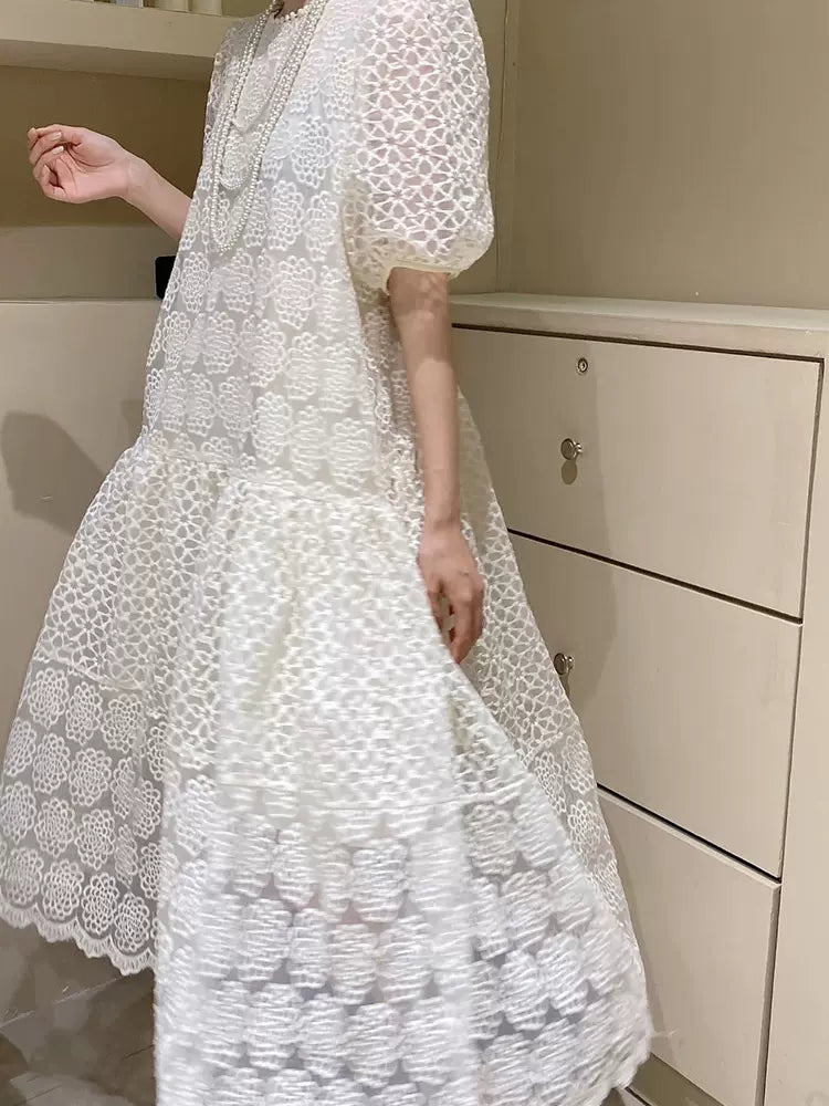 French Fairy Lace Royal Puff Sleeve High-End Women's Dress - Harmony Gallery