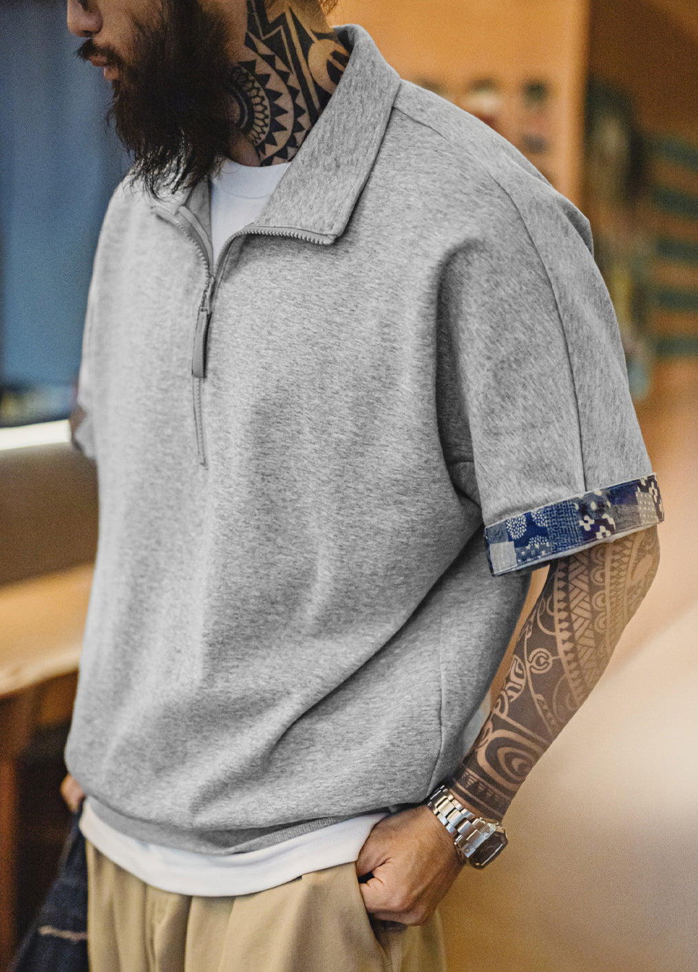 American Casual Retro Half-Open Polo Ancient Cloth Printing Loose Men's T-Shirt - Harmony Gallery