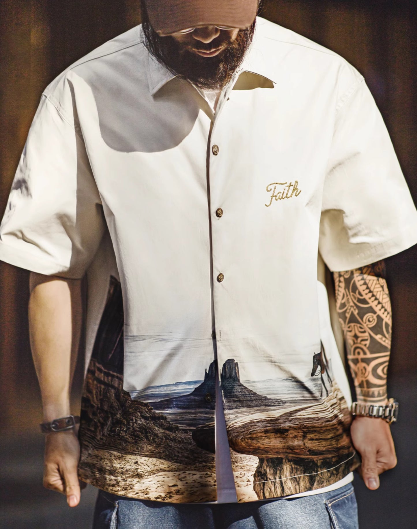 American Retro Monument Valley Cuban Collar Short-Sleeved Printed Men's Shirt - Harmony Gallery