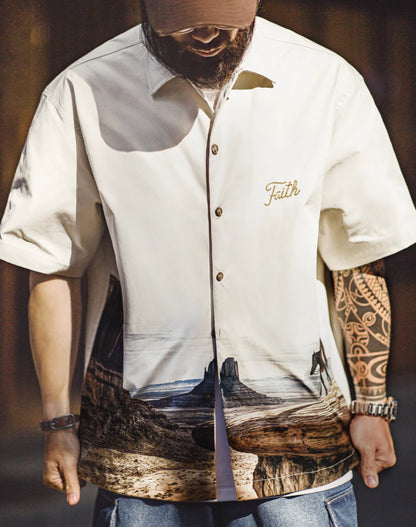 American Retro Monument Valley Cuban Collar Short-Sleeved Printed Men's Shirt - Harmony Gallery