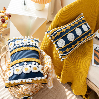 Nautical Charm Gold Accent Textured Throw Pillows with Pom-Pom Details - Harmony Gallery