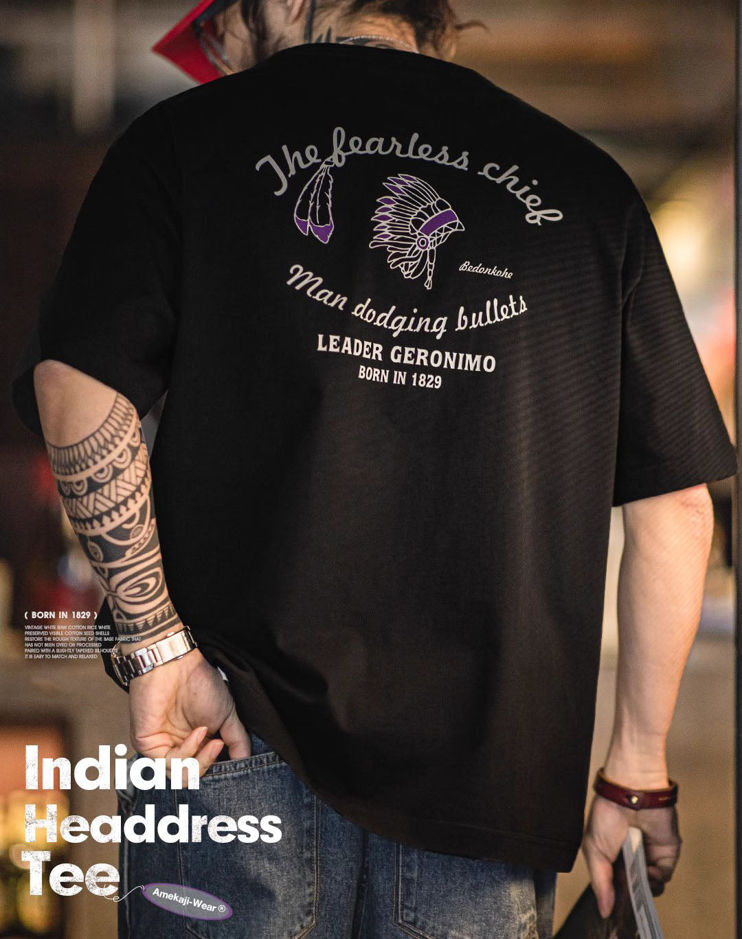 American Retro Indian Letter Printed Heavyweight Bamboo Men's T-Shirt - Harmony Gallery