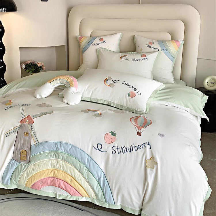 Cute Girly Heart Rainbow Pure Cotton Washed Four-Piece Bed Set - Harmony Gallery
