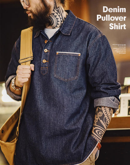 American Workwear Retro Denim Washed Pullover Men's Sweater - Harmony Gallery