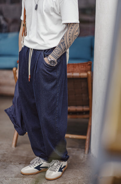 American Jogger Denim With Elastic Waist And Drawstring Washed Men's Jeans - Harmony Gallery