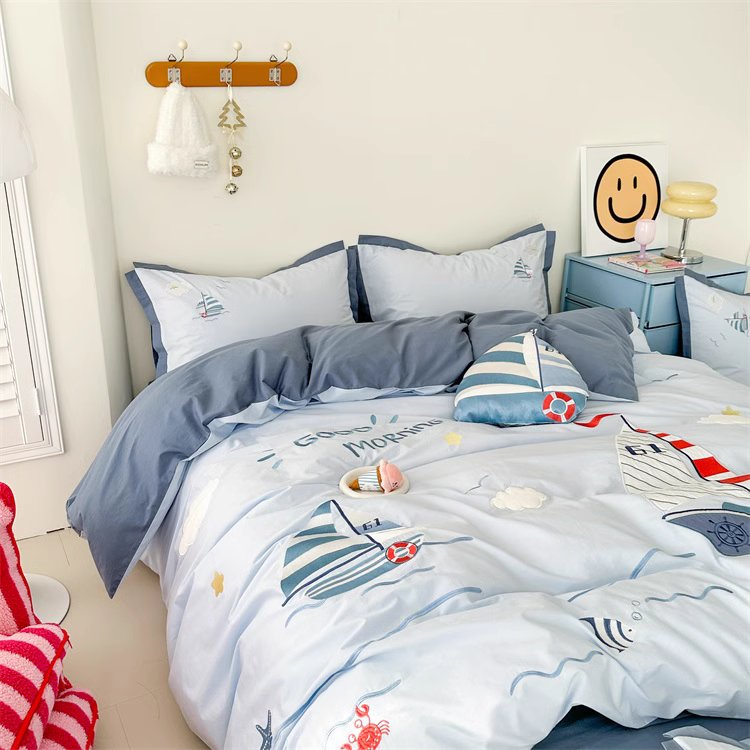 Cartoon Sailing Ship Washed Four-Piece Boys Pure Cotton Bed Set - Harmony Gallery