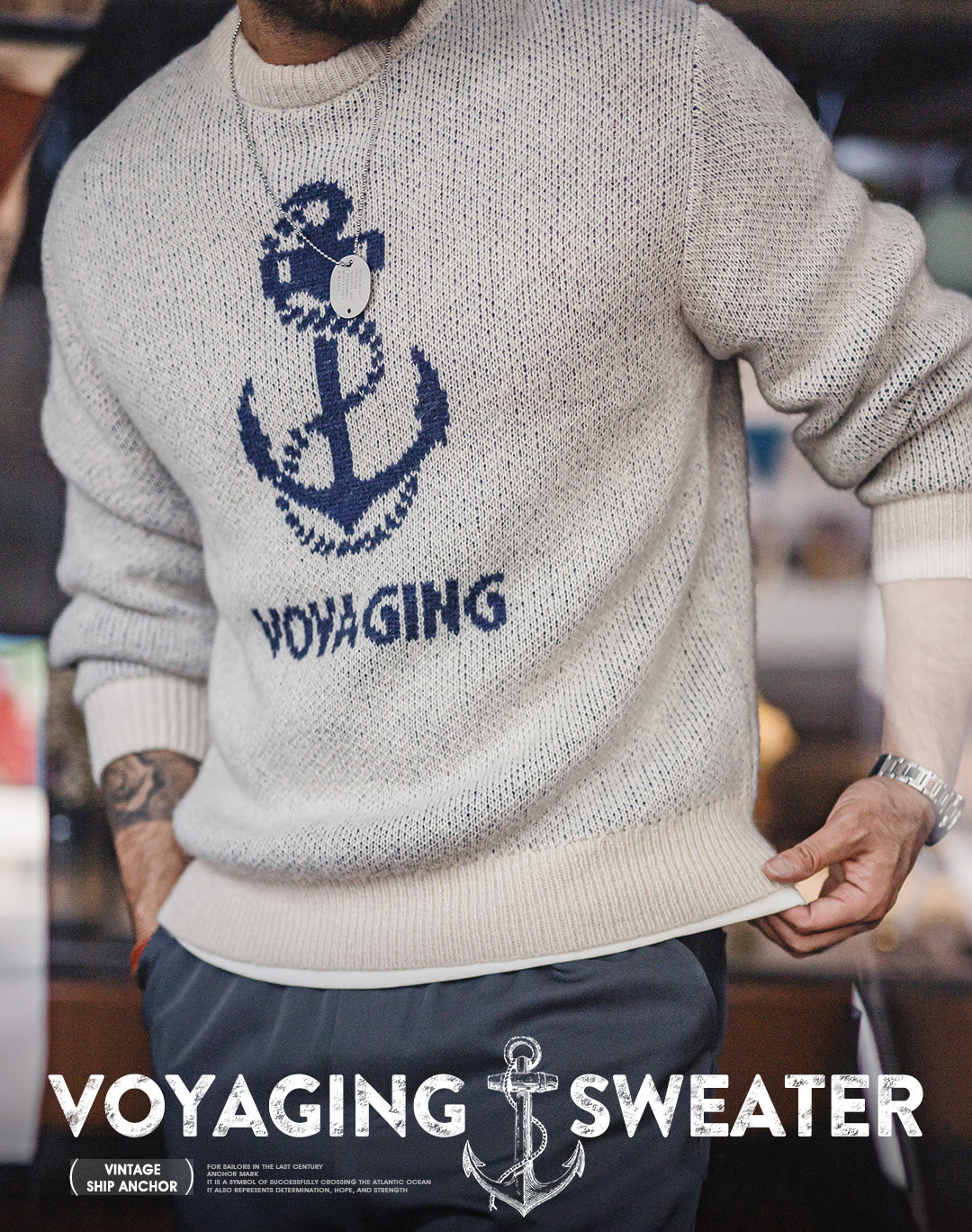 American Retro Knitted Anchor Jacquard Vintage Pullover Men's Sweater - Harmony Gallery