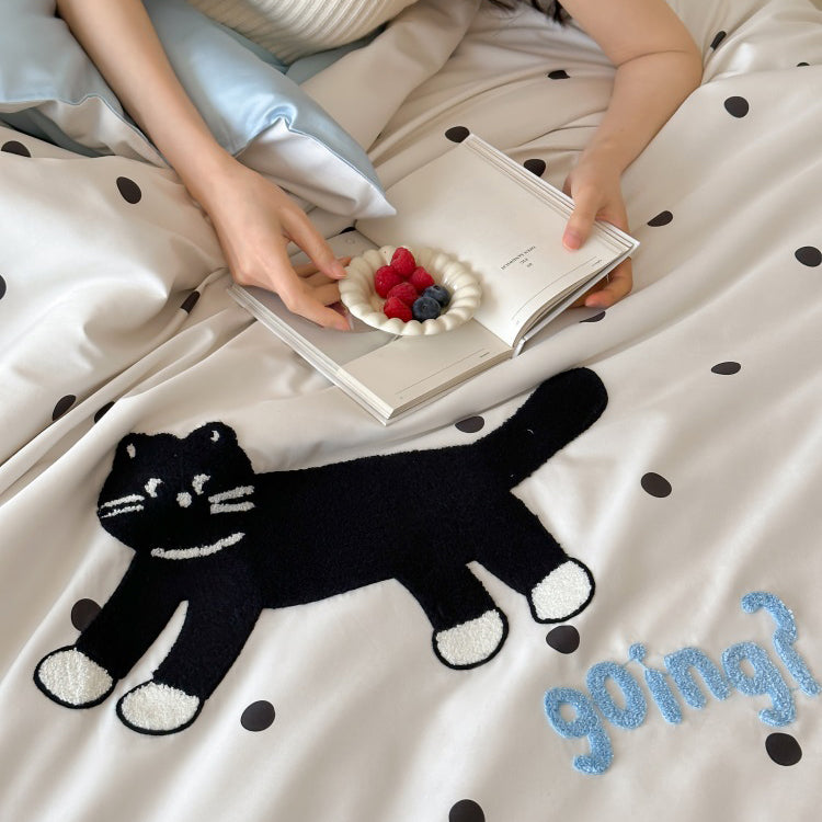 Black Polka Dot Cat Pure Cotton Skin-Friendly Four-Piece Bed Set - Harmony Gallery
